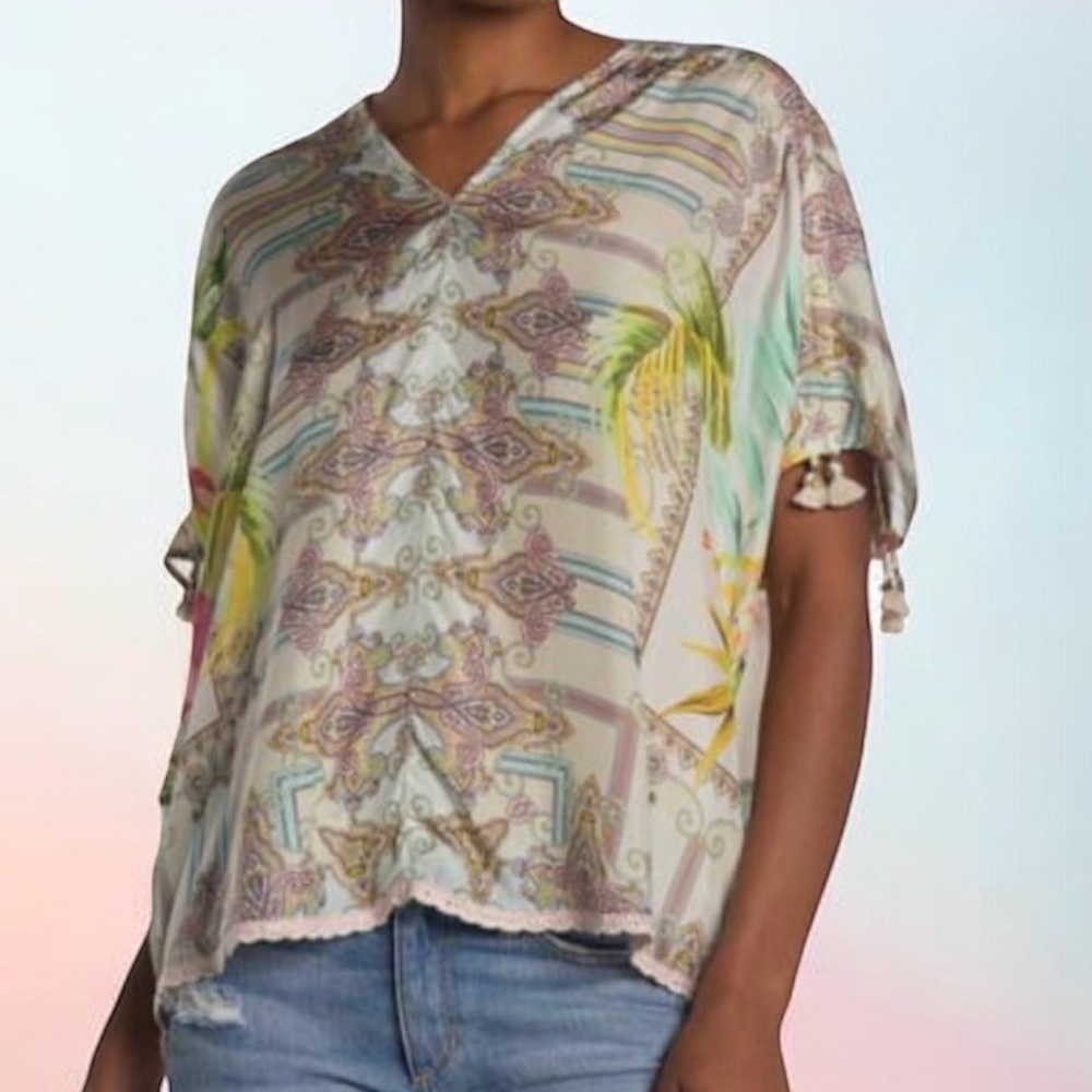 🌷Johnny Was Brittany Mixed-Print Silk Short Sleeve Ivory Multi Tunic XXL🌴